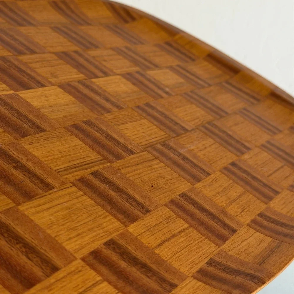Vintage Mid-Century Woven Wood Serving Tray Checkered Viking Hand Made Japan MCM